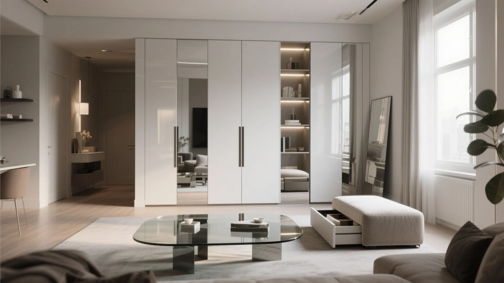 Modern living room with white cabinet glass coffee table small footrest and bright window light
