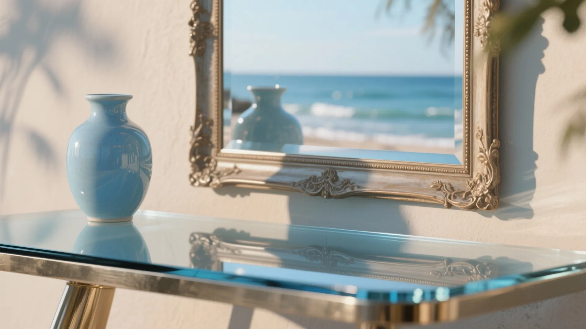 Blue vase sitting on a glass table reflecting a gold mirror with a beach view