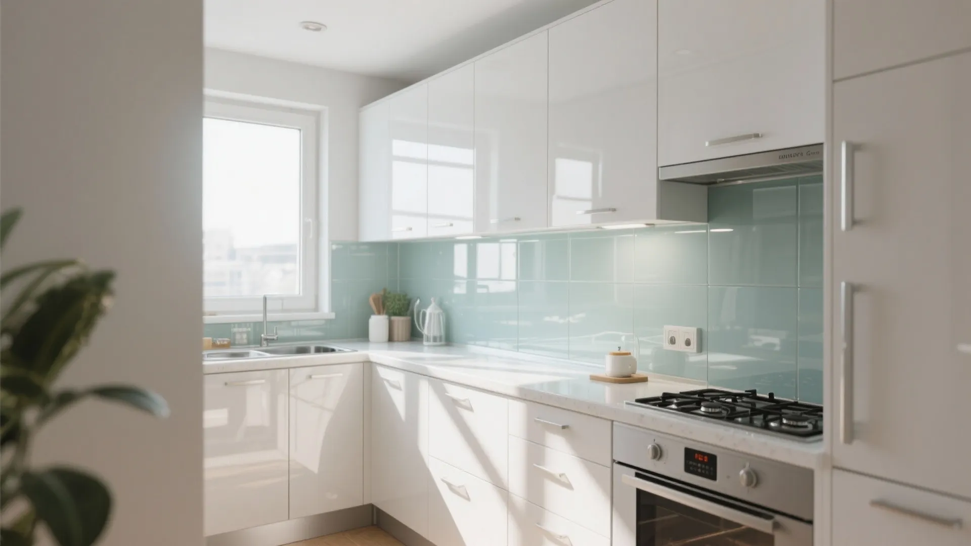 Bright white kitchen featuring glossy reflective cabinets with light blue wall tiles and sunny window