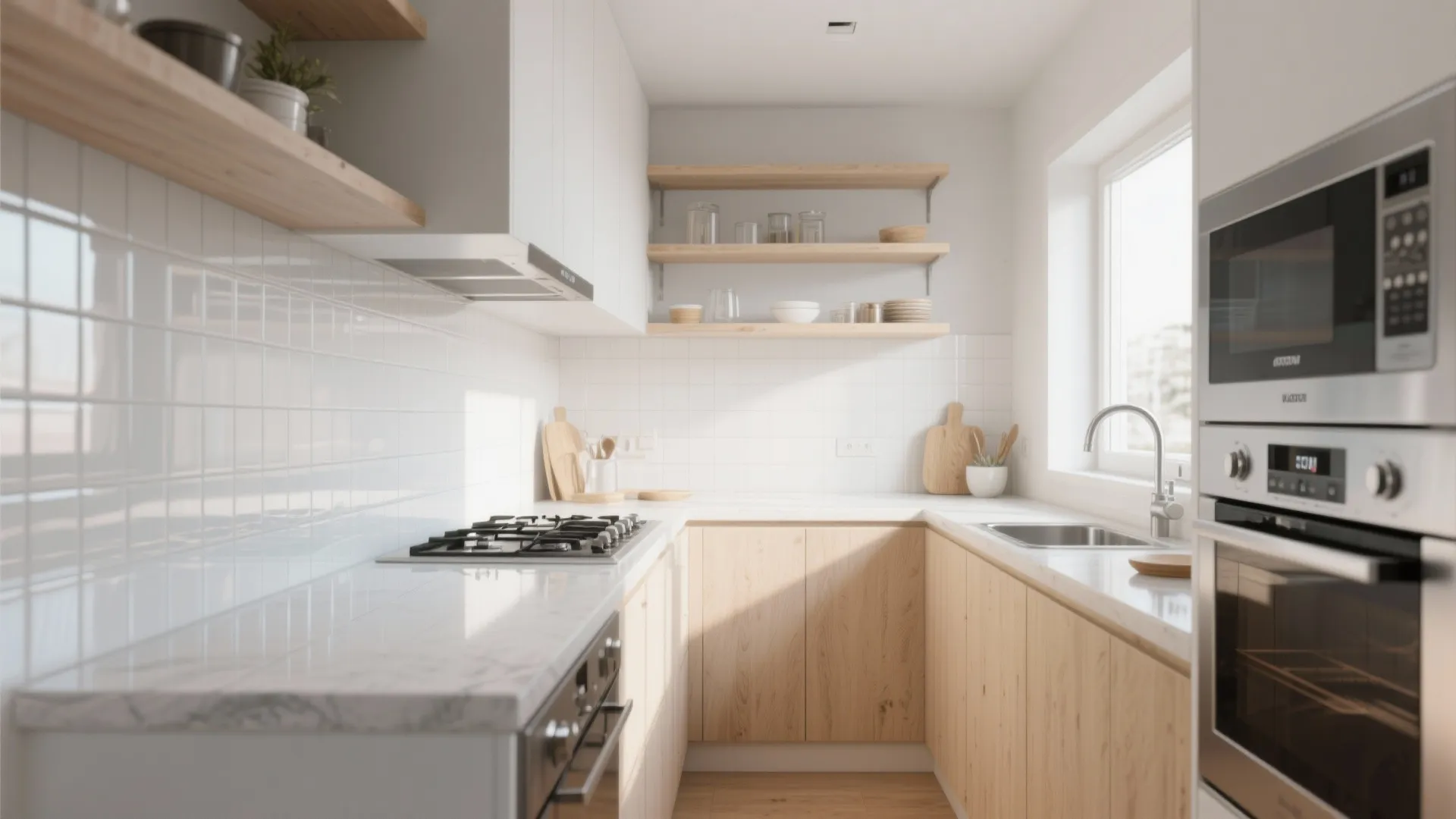 Glossy backsplash tiles and stainless steel appliances in small kitchen