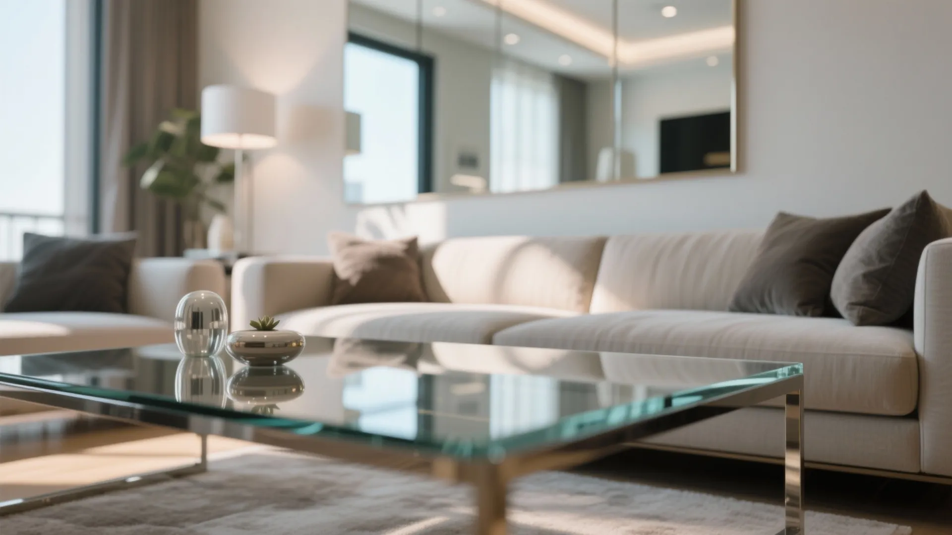 Modern bright living room with glass coffee table beige sofa large wall mirror and floor lamp