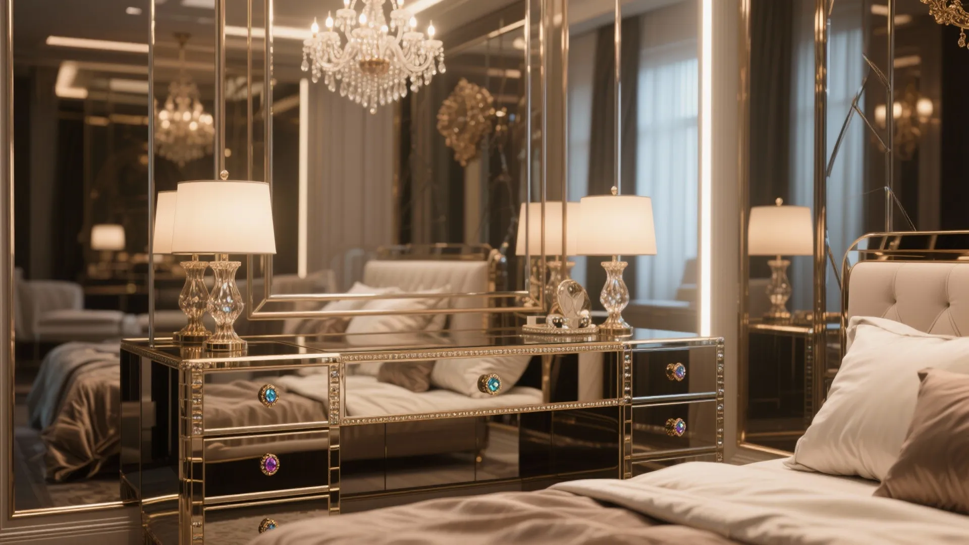 Luxury bedroom featuring a mirrored cabinet with table lamps and a large crystal ceiling light