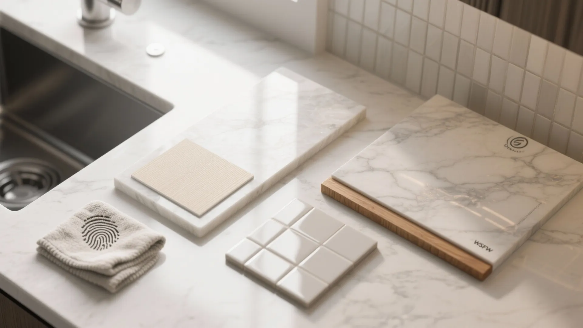 Marble kitchen countertop featuring material samples like white square tiles and polished grey marble slabs