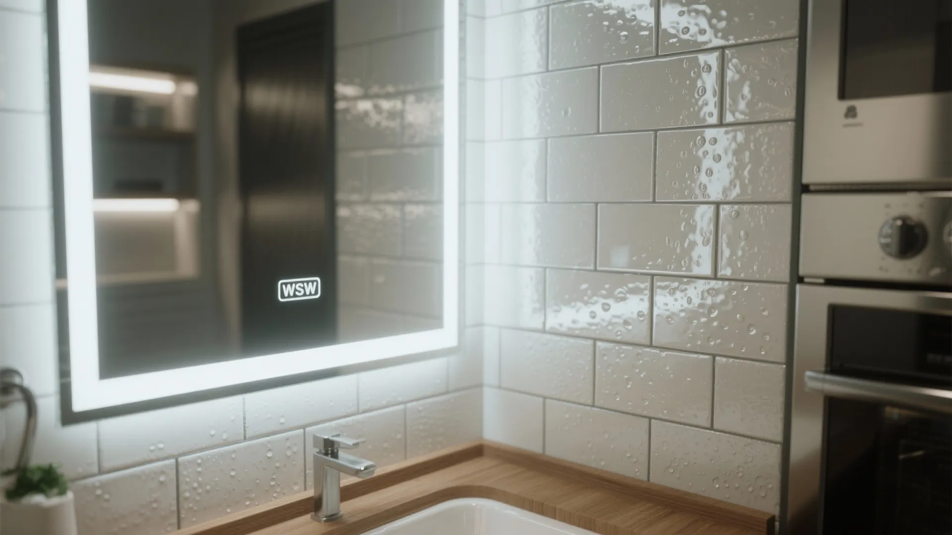 Bathroom sink with lit mirror white wall tiles and wooden counter showing a modern design
