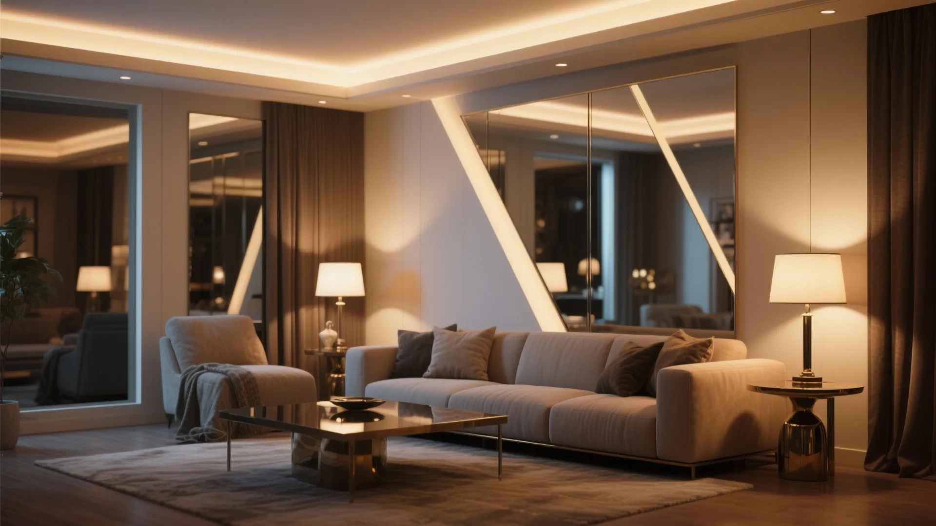 Modern living room with white sofa, coffee table, rug, warm lamps, and large wall mirrors
