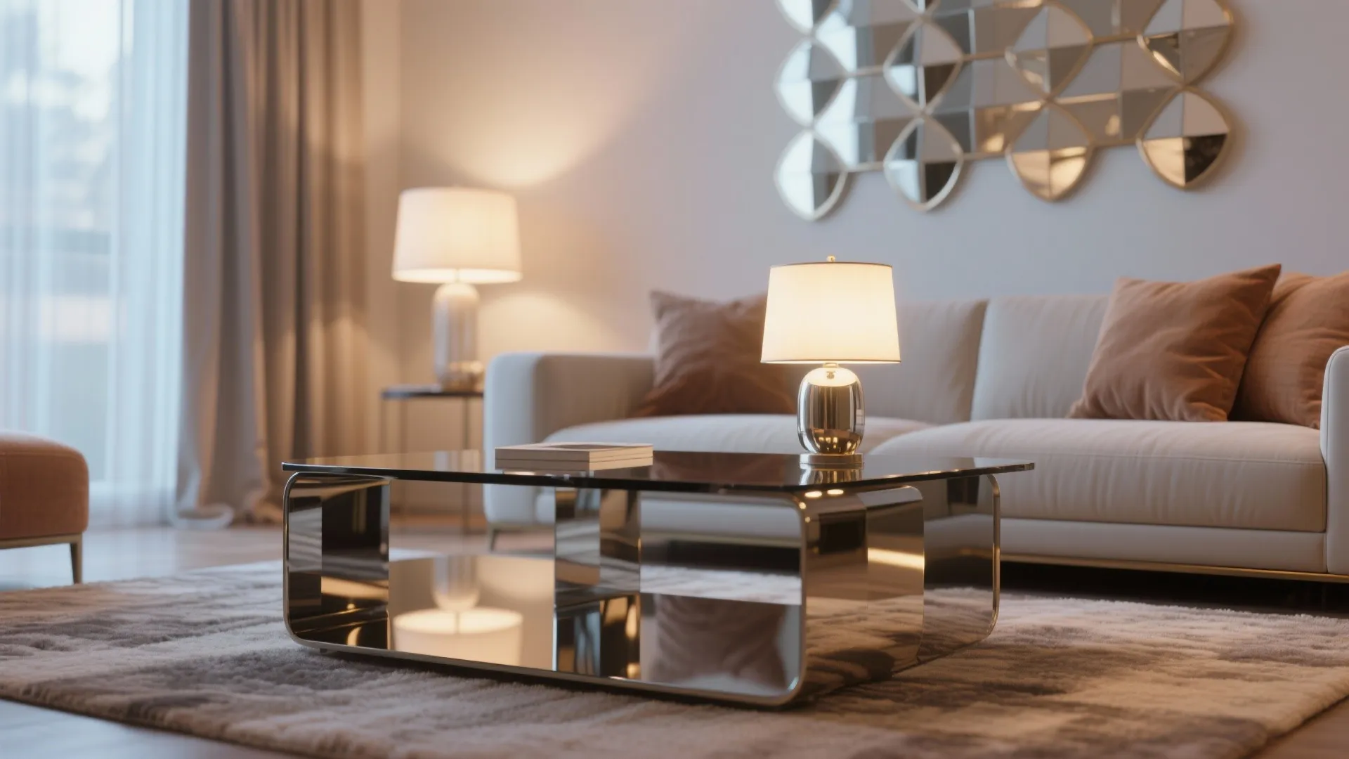 Contemporary living room with a chrome coffee table reflecting a small lamp and beige sofa