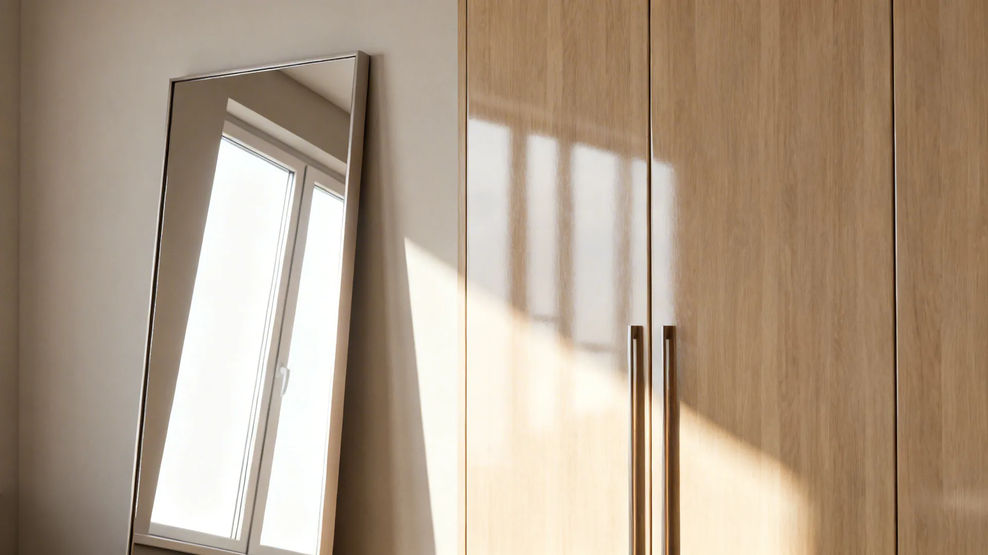 Tall mirror and glossy finishes reflecting daylight to brighten a small living room.
