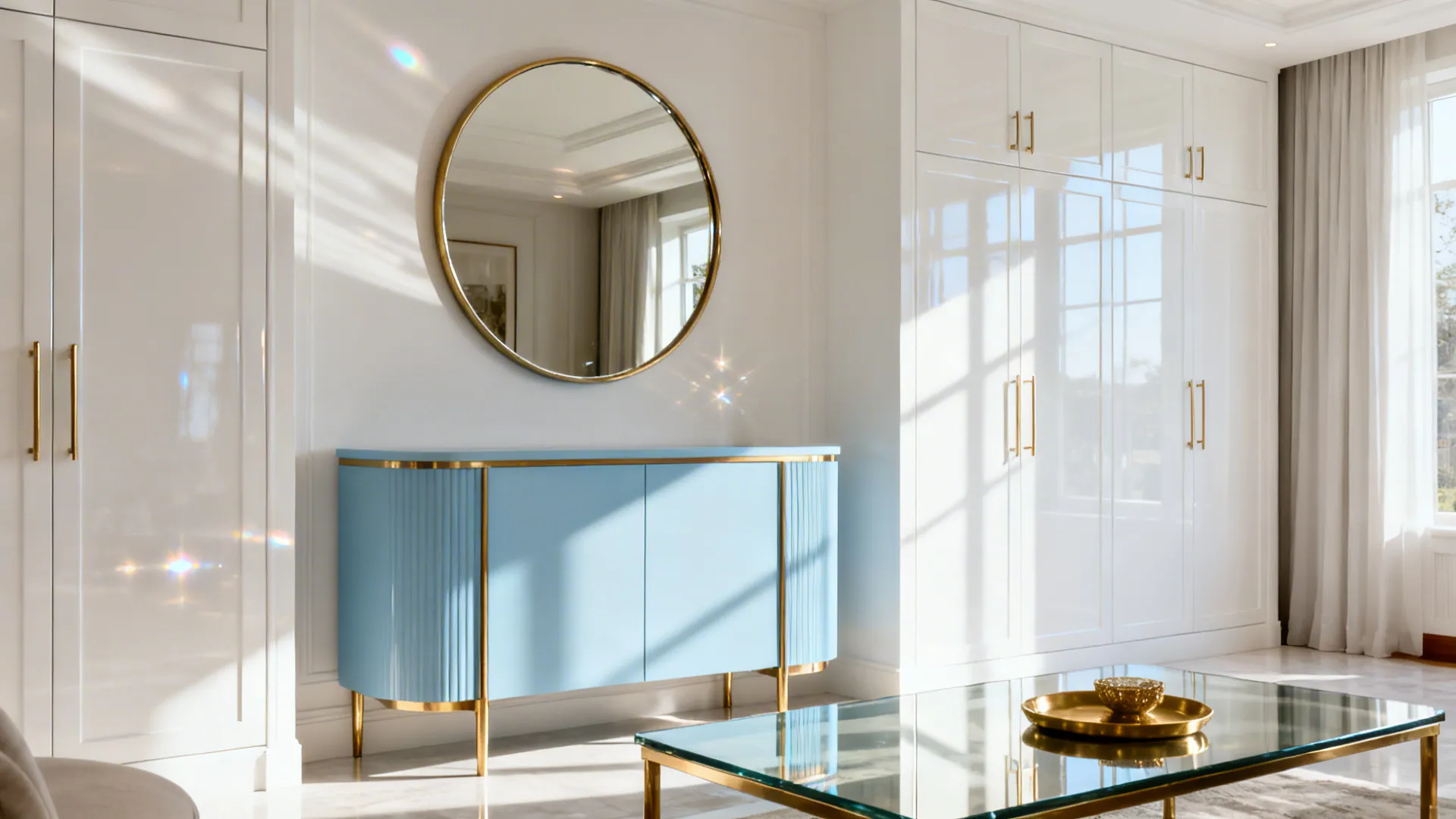 Elegant blue cabinet with gold legs, round mirror, white wardrobes, and a glass coffee table