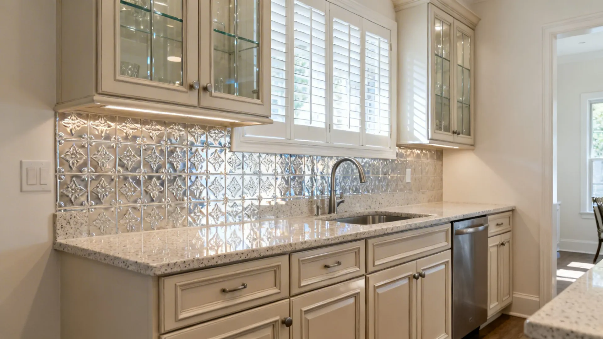 Glossy backsplash, pale quartz counters, and glass uppers brighten a compact Kerala kitchen.