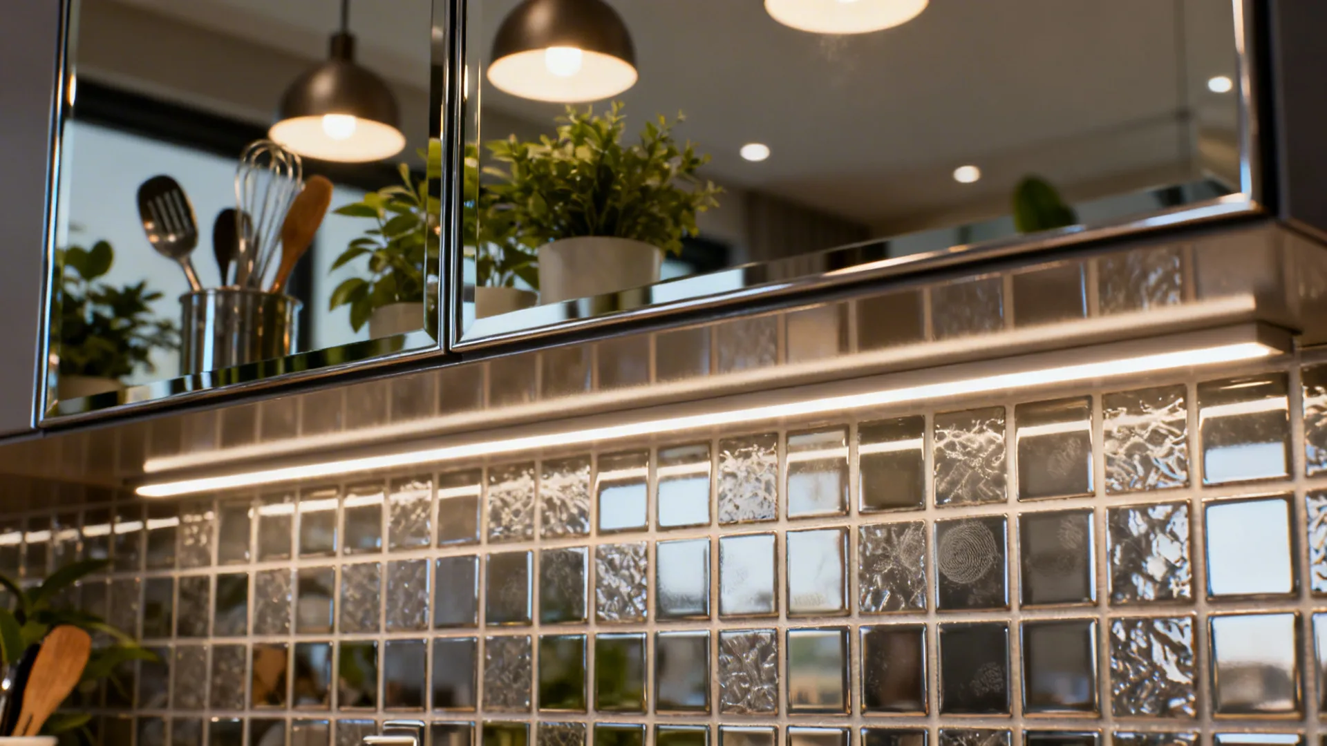 Glossy cabinet front and mirrored backsplash reflecting warm layered lighting for a brighter kitchen.