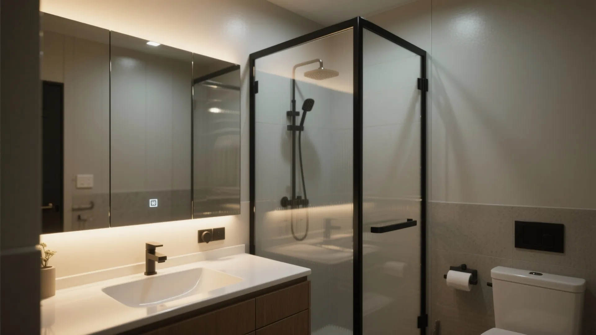 Small bathroom with a full-width mirror, clear glass shower door and matte black fixtures amplifying light