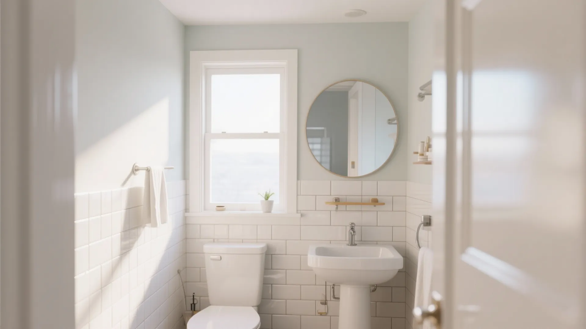 Bright bathroom with white tiles round wall mirror white sink toilet and window with sunlight