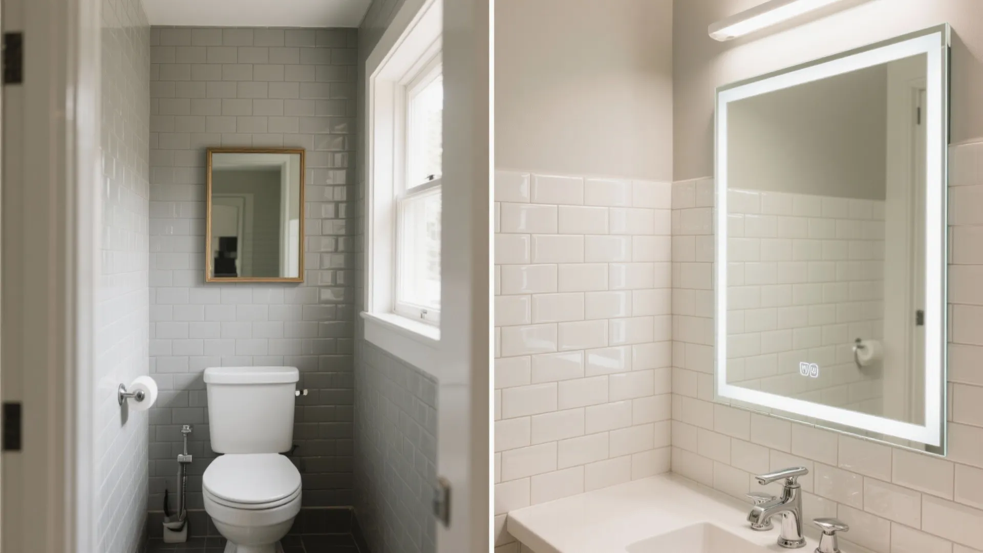 Side by side comparison of small bathroom renovation showing old toilet and new lighted mirror