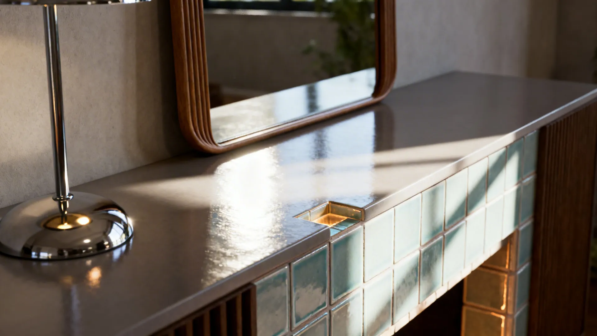 Mirror and glazed tile reflecting daylight into a living room corner.