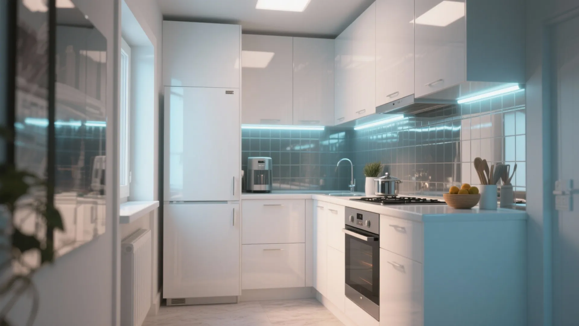 Bright kitchen with glossy cabinets and mirrored backsplash