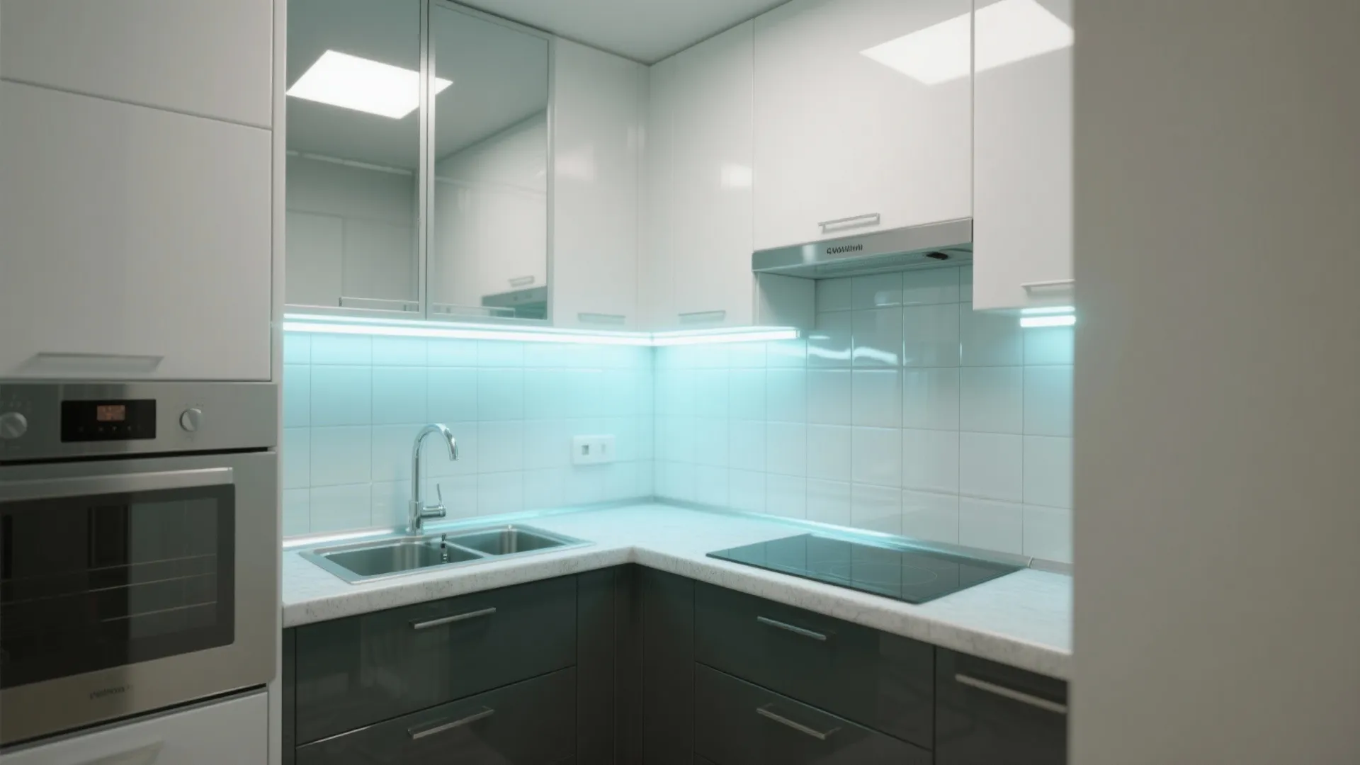Small kitchen with glossy tiles, glass door cabinets, and a mirrored backsplash