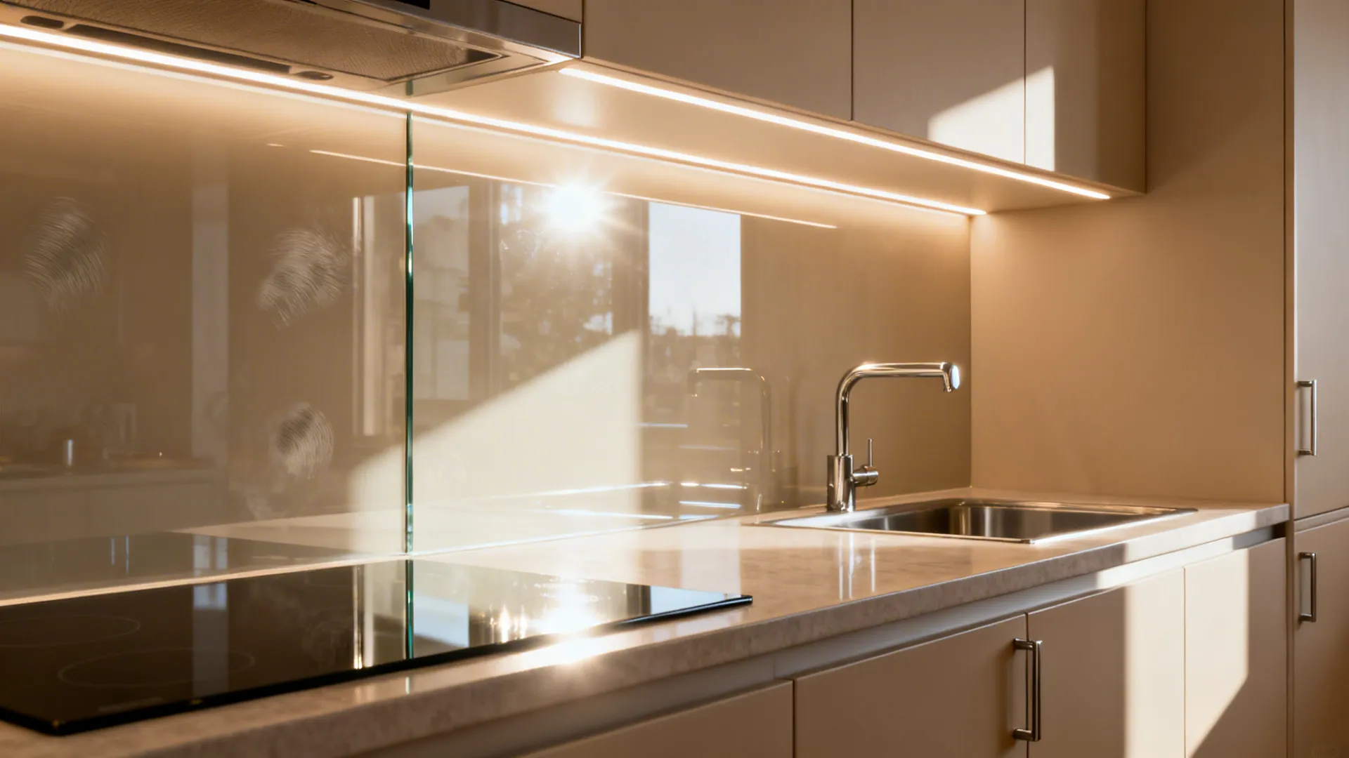 Kitchen with glossy backsplash and under-cabinet LEDs that make the small space feel brighter and larger.