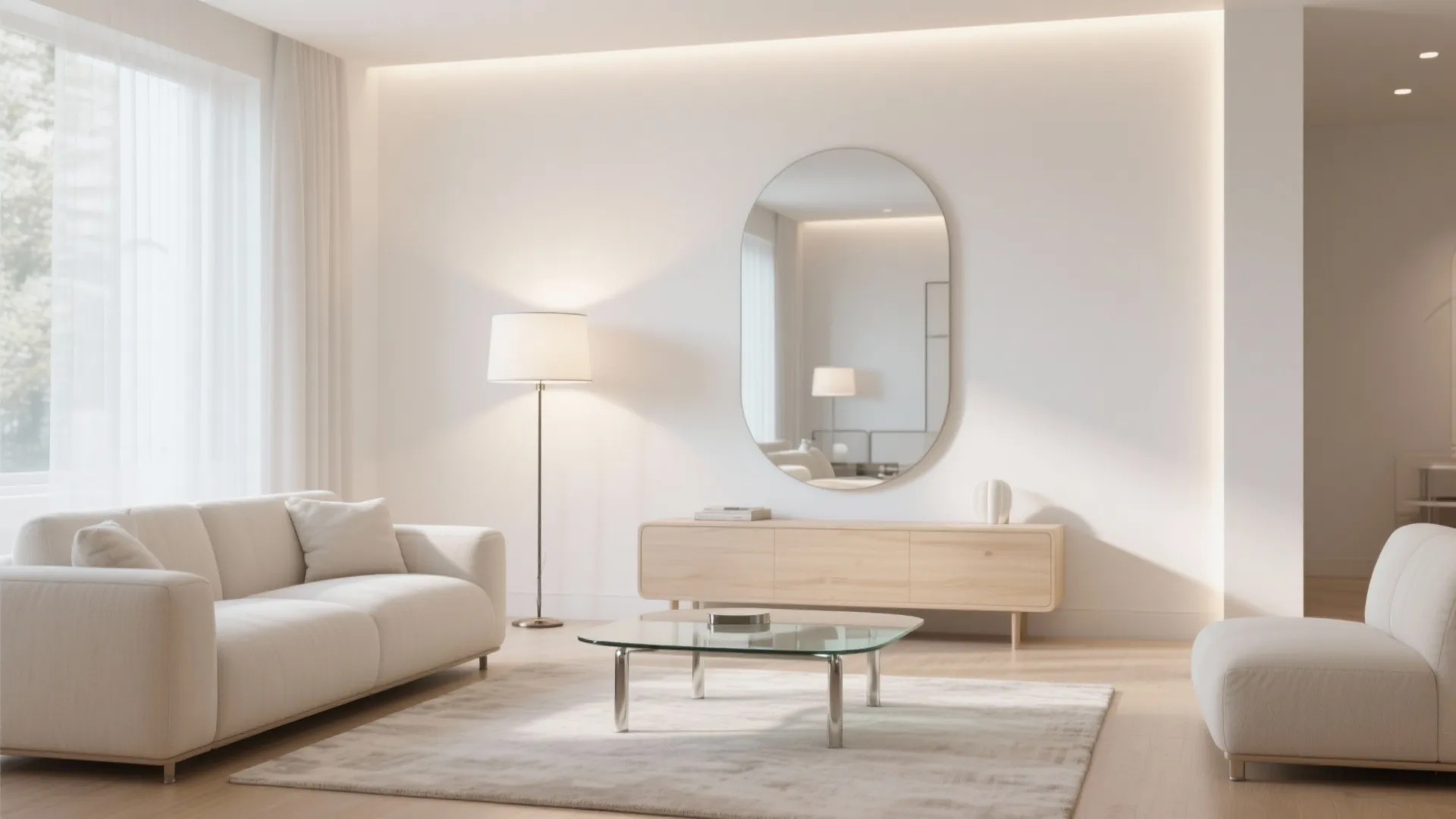 Modern minimal living room with white sofa glass coffee table wooden cabinet and large oval mirror