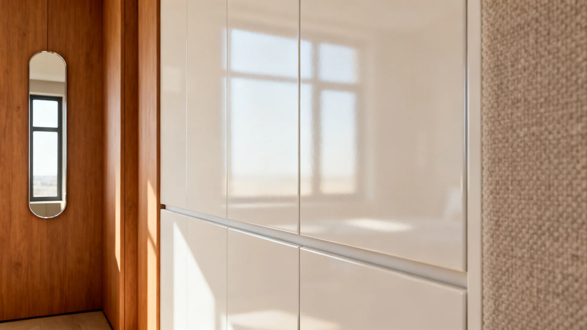 Glossy cabinet and narrow mirror balanced with warm wood and textiles in a small office.