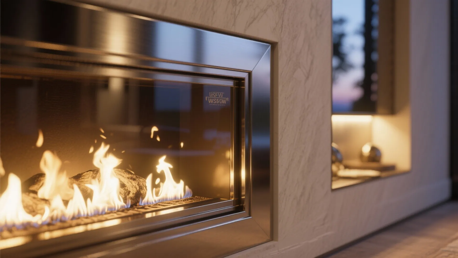 Close up of modern fireplace with shiny metal frame and burning fire behind clear glass