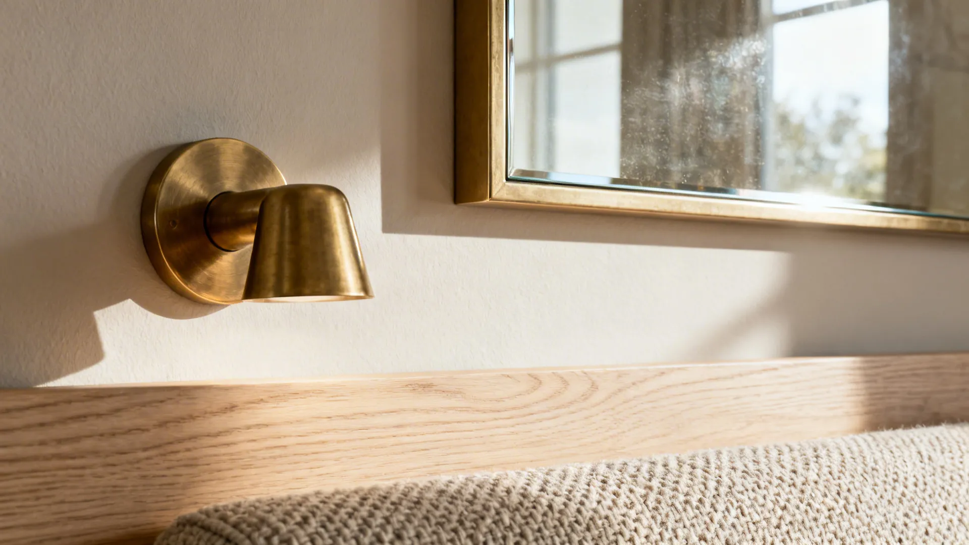 Close up of brass wall light mounted on white wall next to gold framed mirror