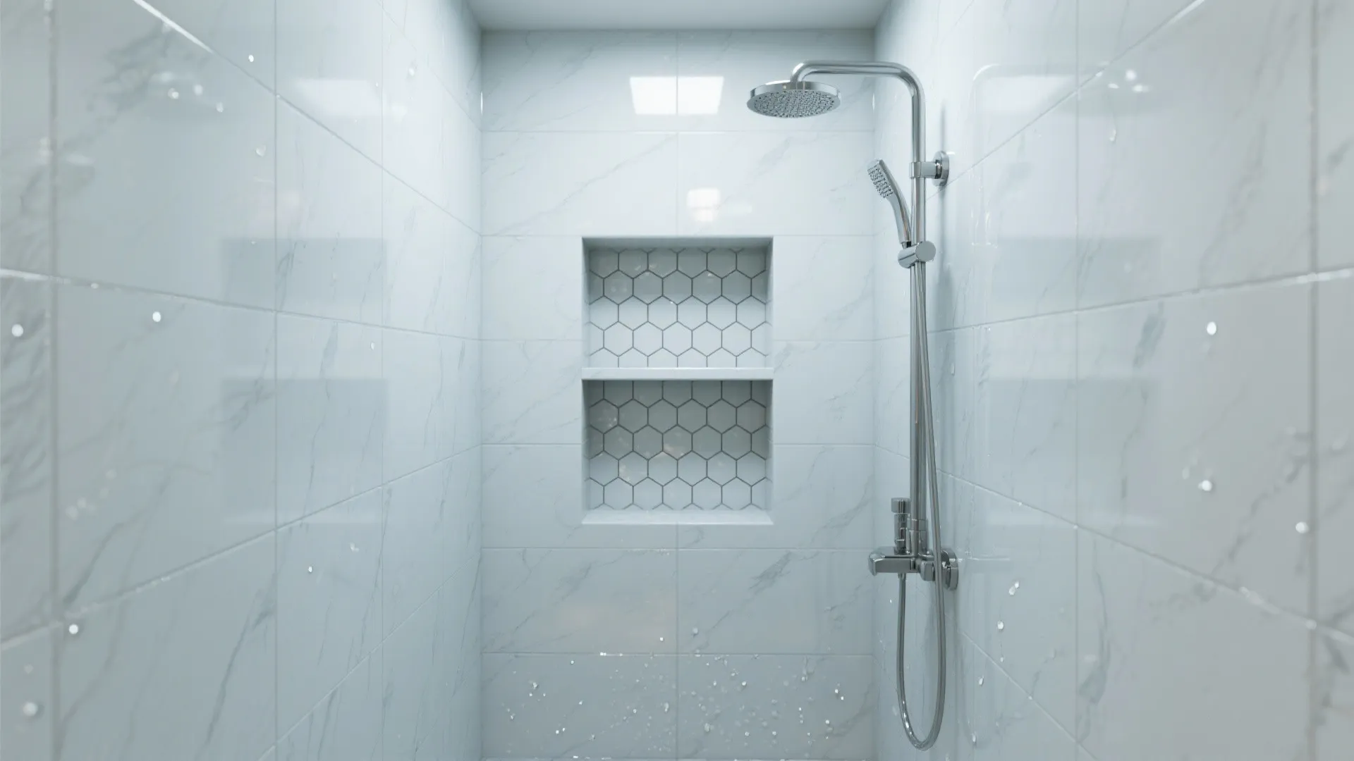 Glossy light-colored and reflective hex tiles brightening a compact shower.
