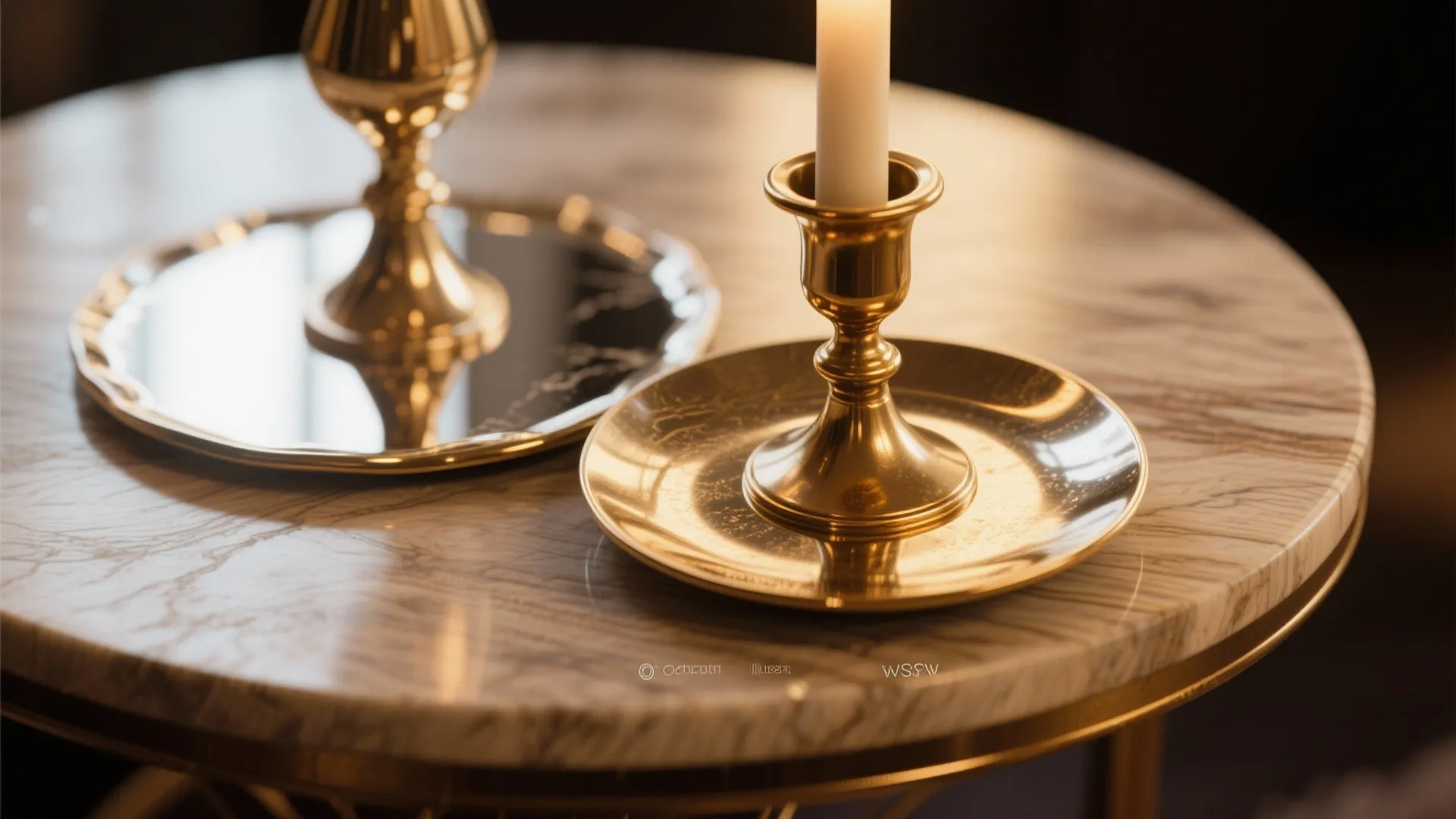 Gold candle holder with a white candle on a marble side table with reflective tray
