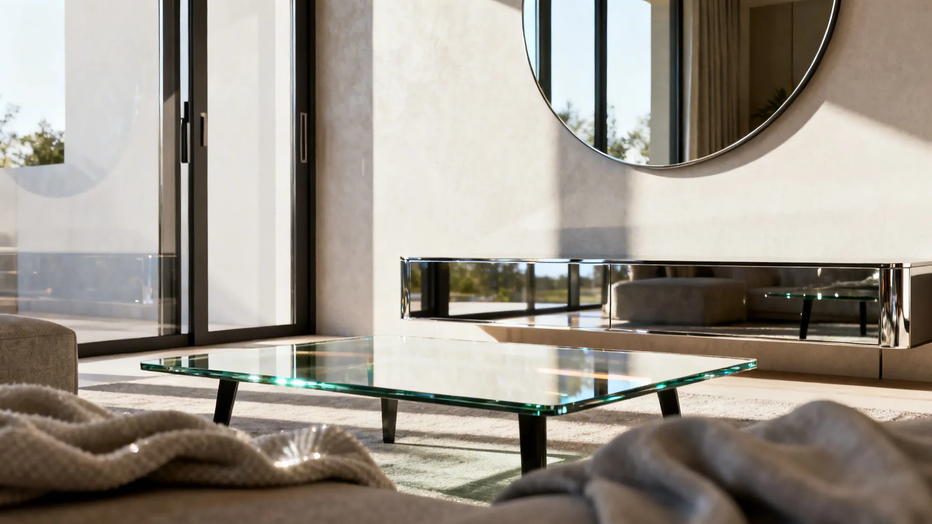 Mirror and glass-top table reflecting daylight beside a sliding glass door
