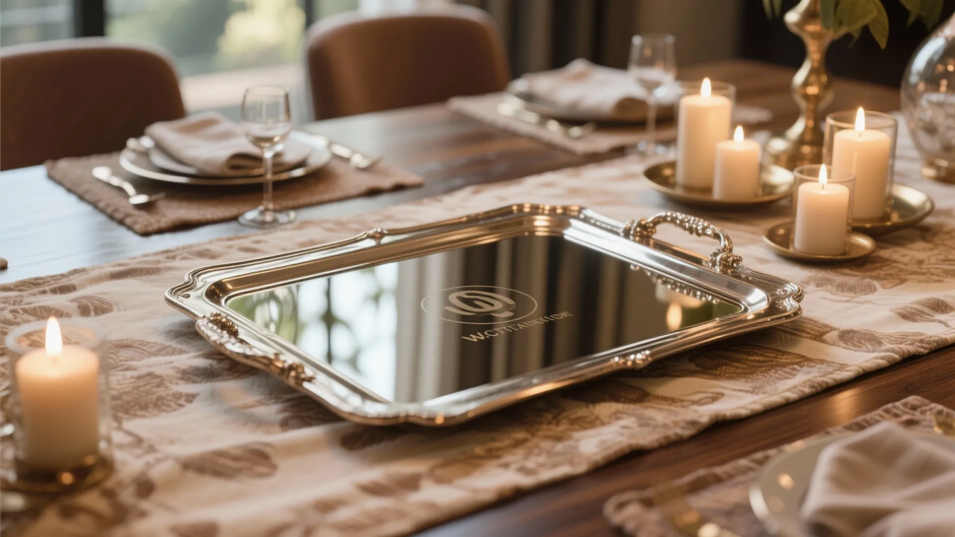 Silver metal tray on a dining table runner surrounded by white candles in glass light holders