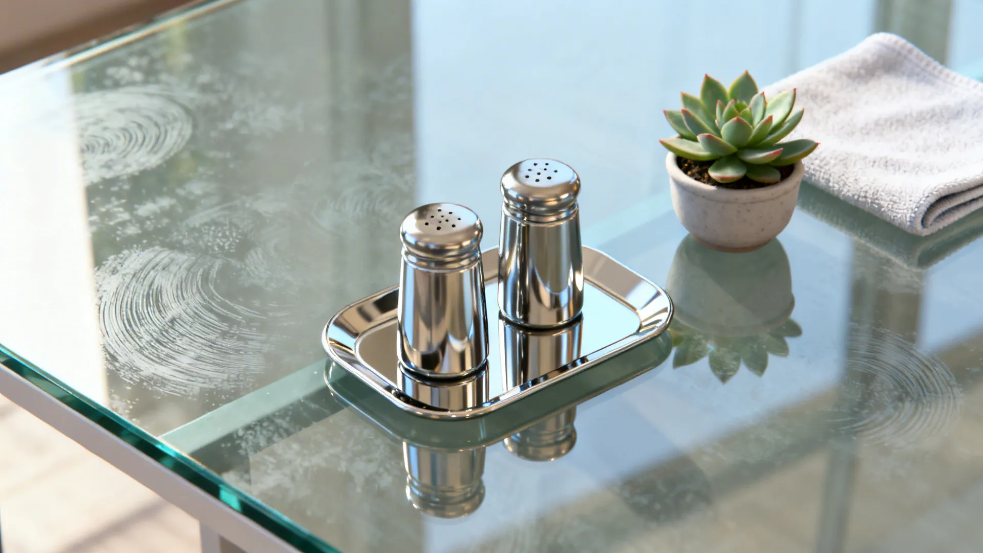 Chrome salt and pepper shakers on a silver tray placed on a clear glass table