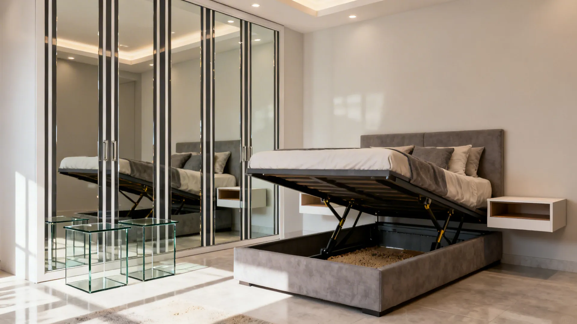 Mirrored wardrobe strips and a raised storage bed make a small bedroom feel wider.