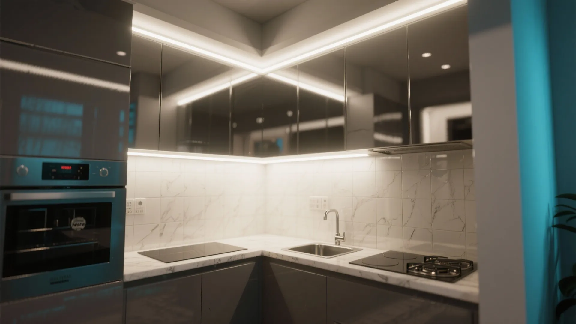 Modern kitchen with grey cabinets white marble backsplash and warm light fixture under wall cabinets