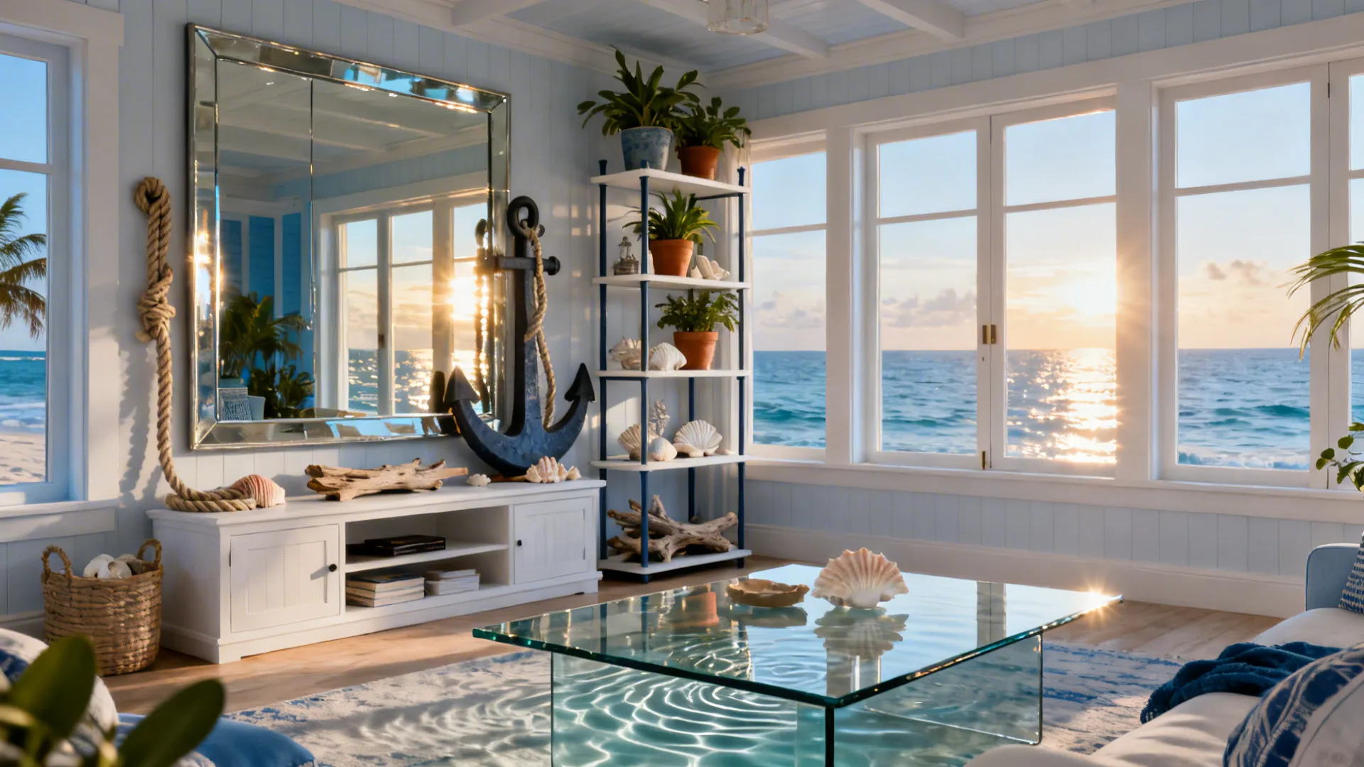 Living room with large mirror, glass coffee table and tall shelving to increase perceived depth