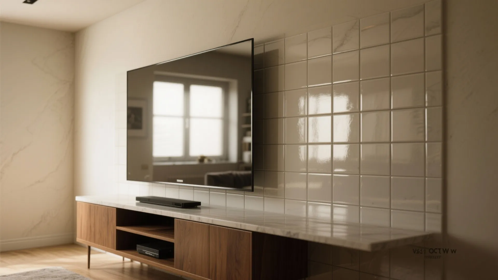 Glossy tile backsplash and mirror reflecting light in a basement media console area.