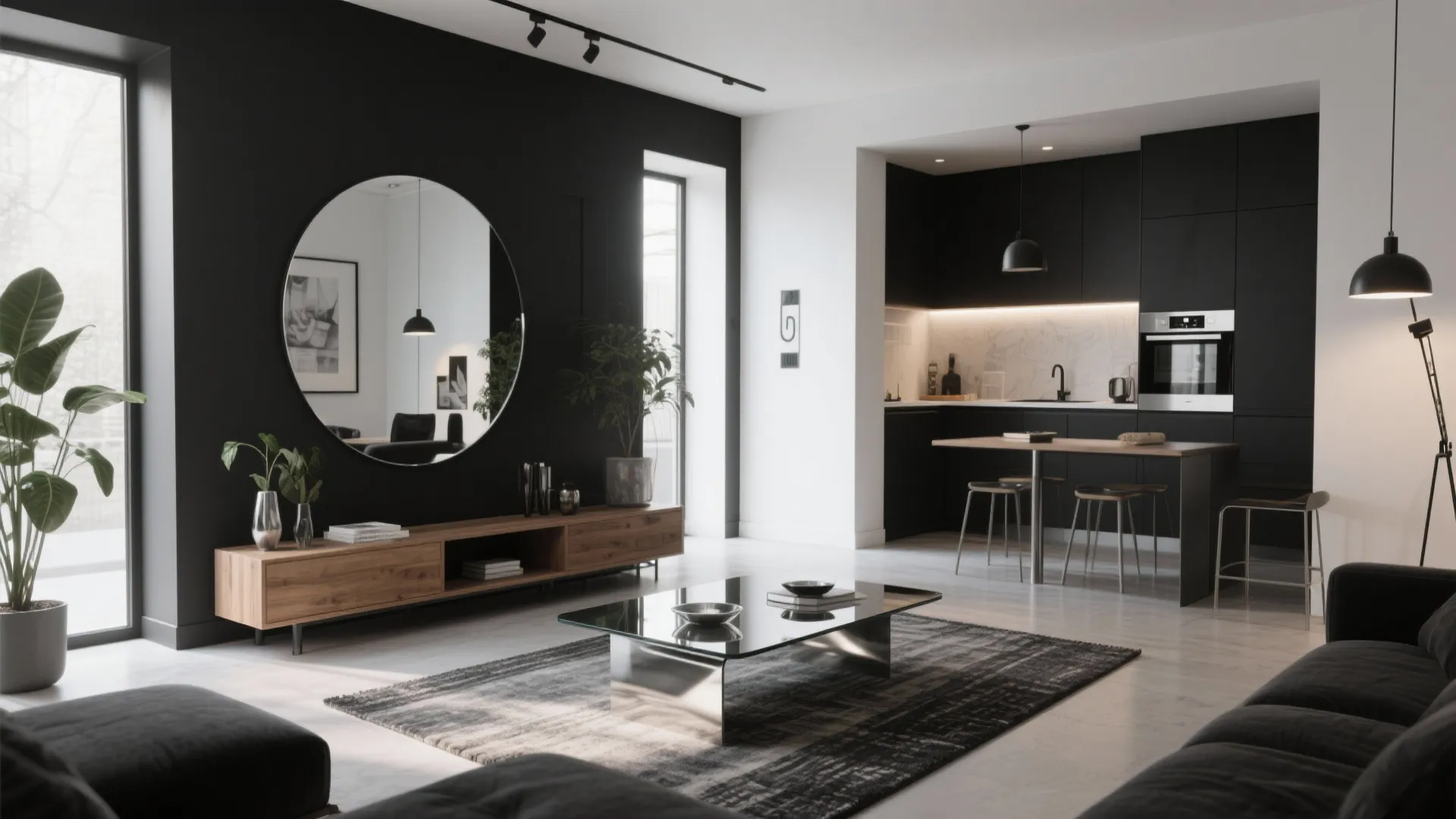 4. Reflective Surfaces & Zoned Open Plan