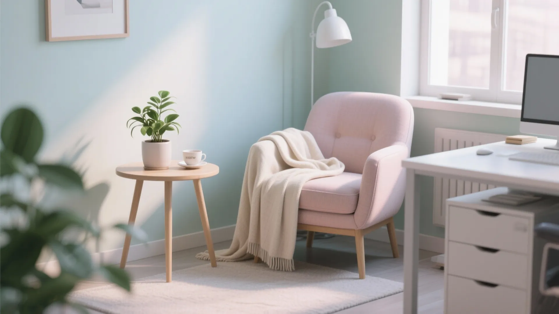 Spring office corner with cozy chair, throw, and plant