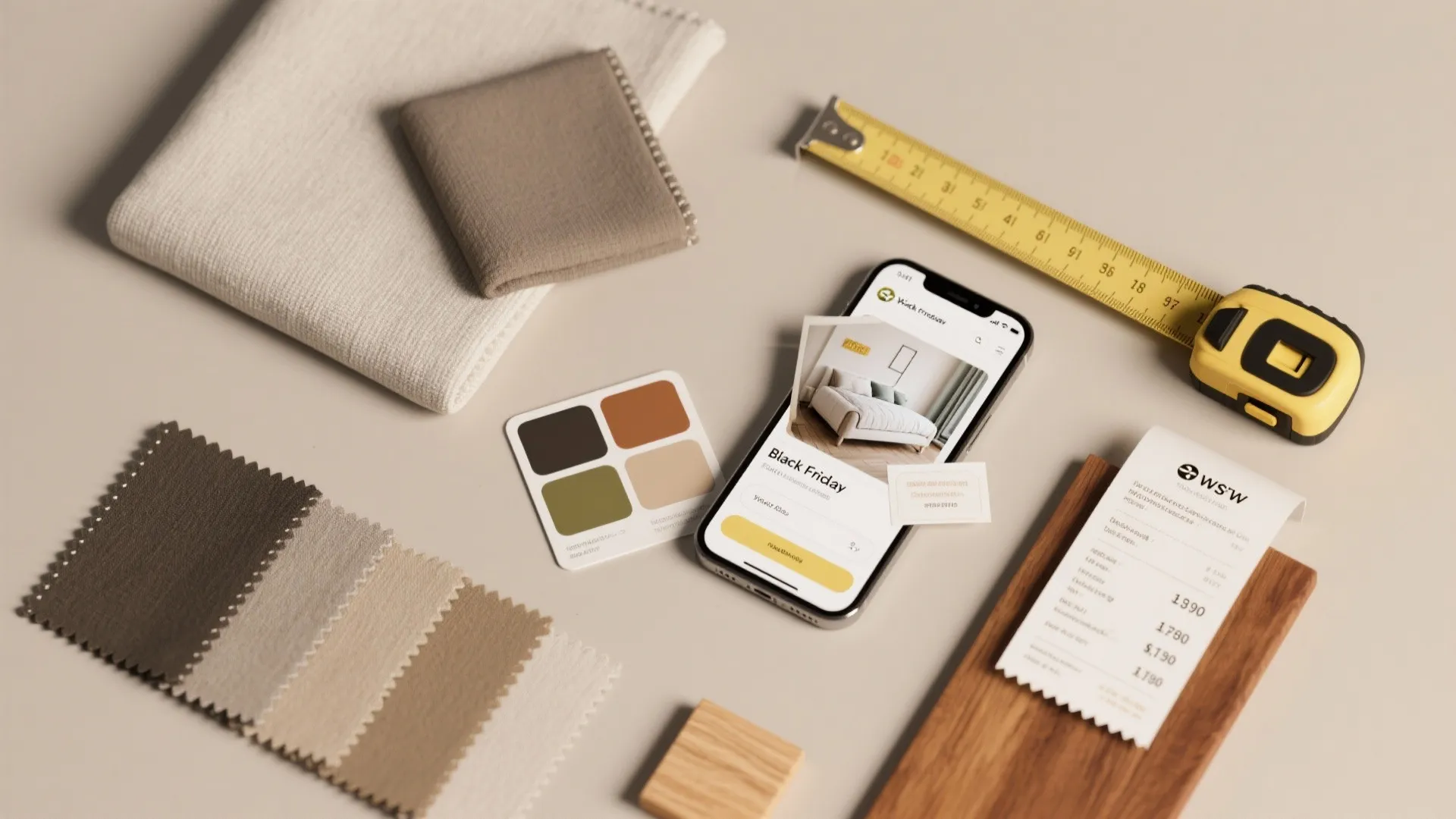 Top-down flatlay of fabric swatches, tape measure and phone with room planner for budget planning
