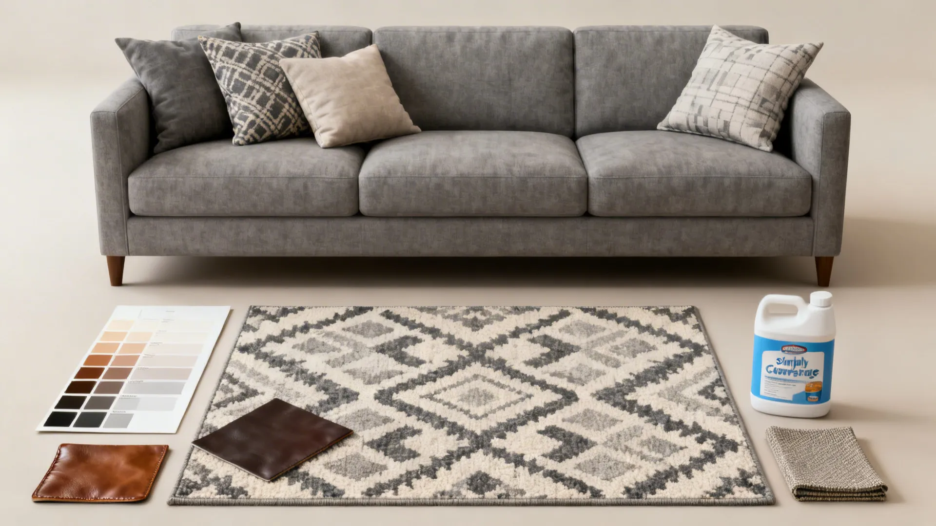 Flatlay of cushion covers, rug swatches, and fabric samples for refreshing a gray sectional.