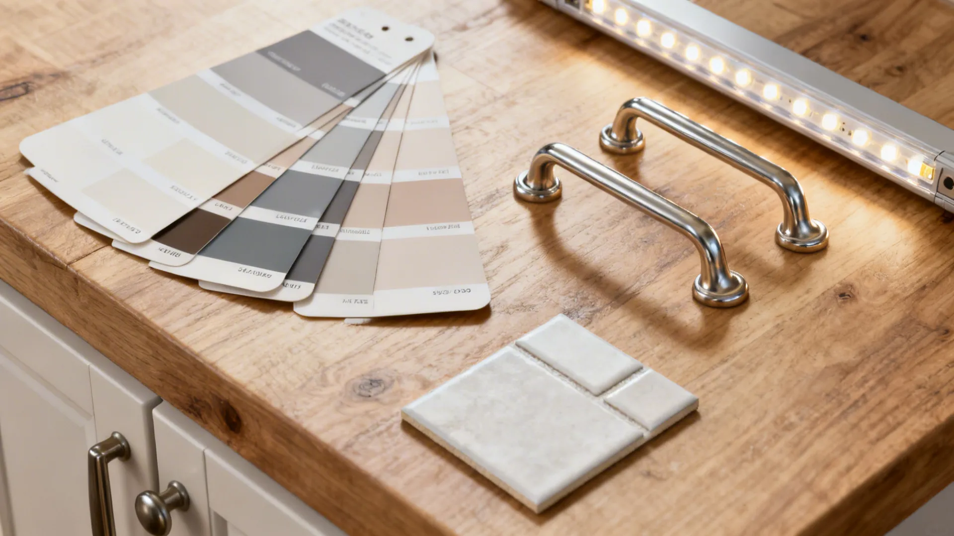 Flatlay of paint swatches, hardware pulls and LED strip showcasing budget refresh options for small kitchens