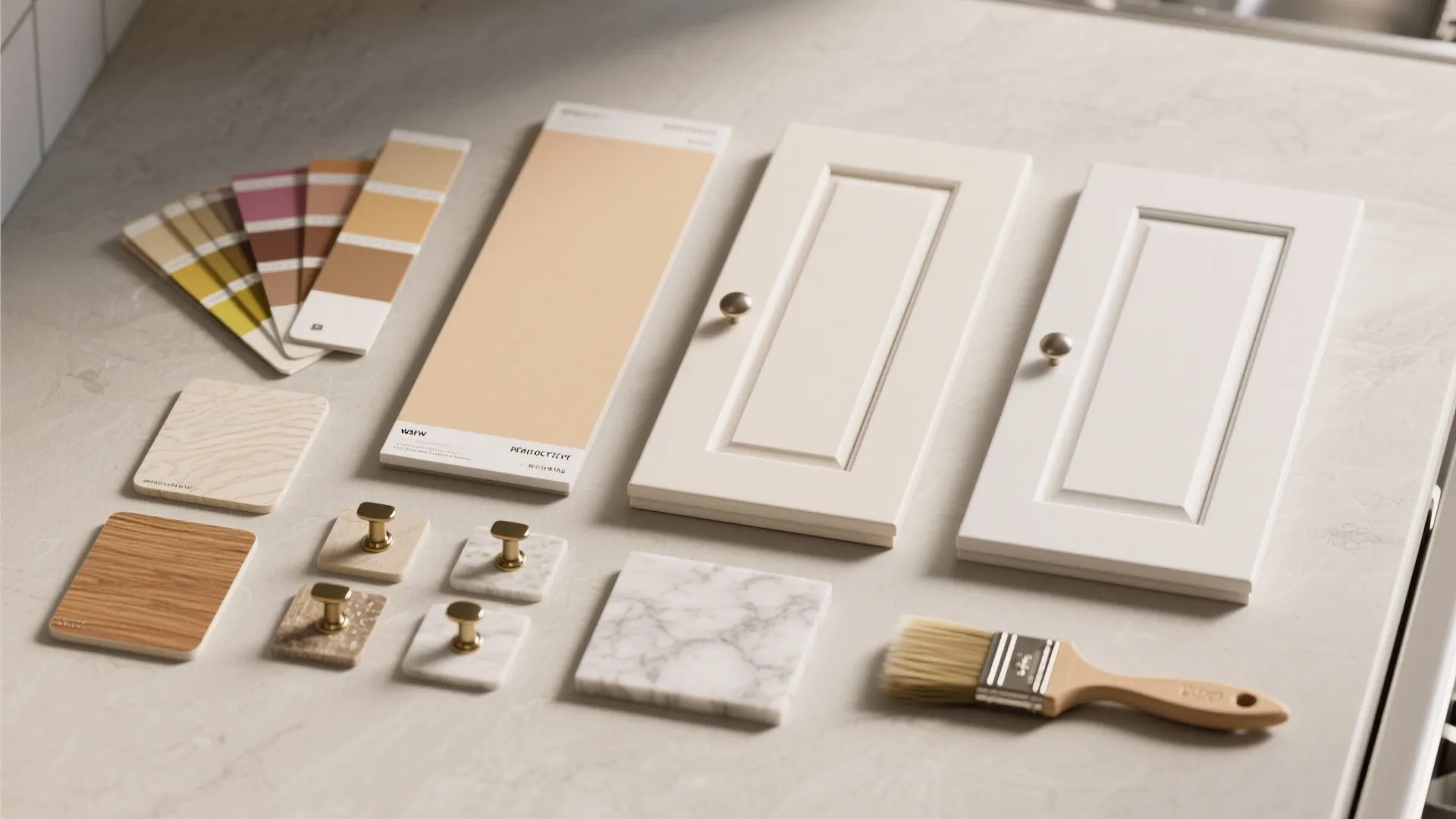 Interior design materials including color samples wood tiles white cabinet doors and a paint brush