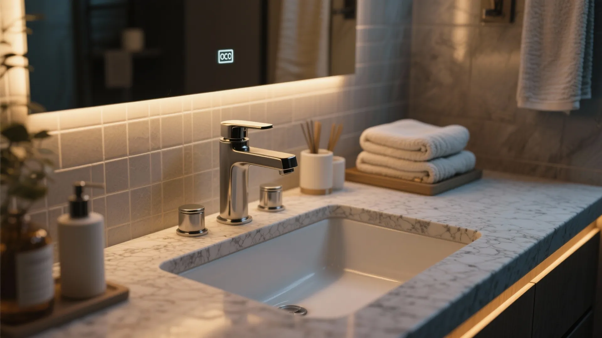 Modern bathroom sink with marble countertop silver faucet lighted mirror folded towels and soap dispenser