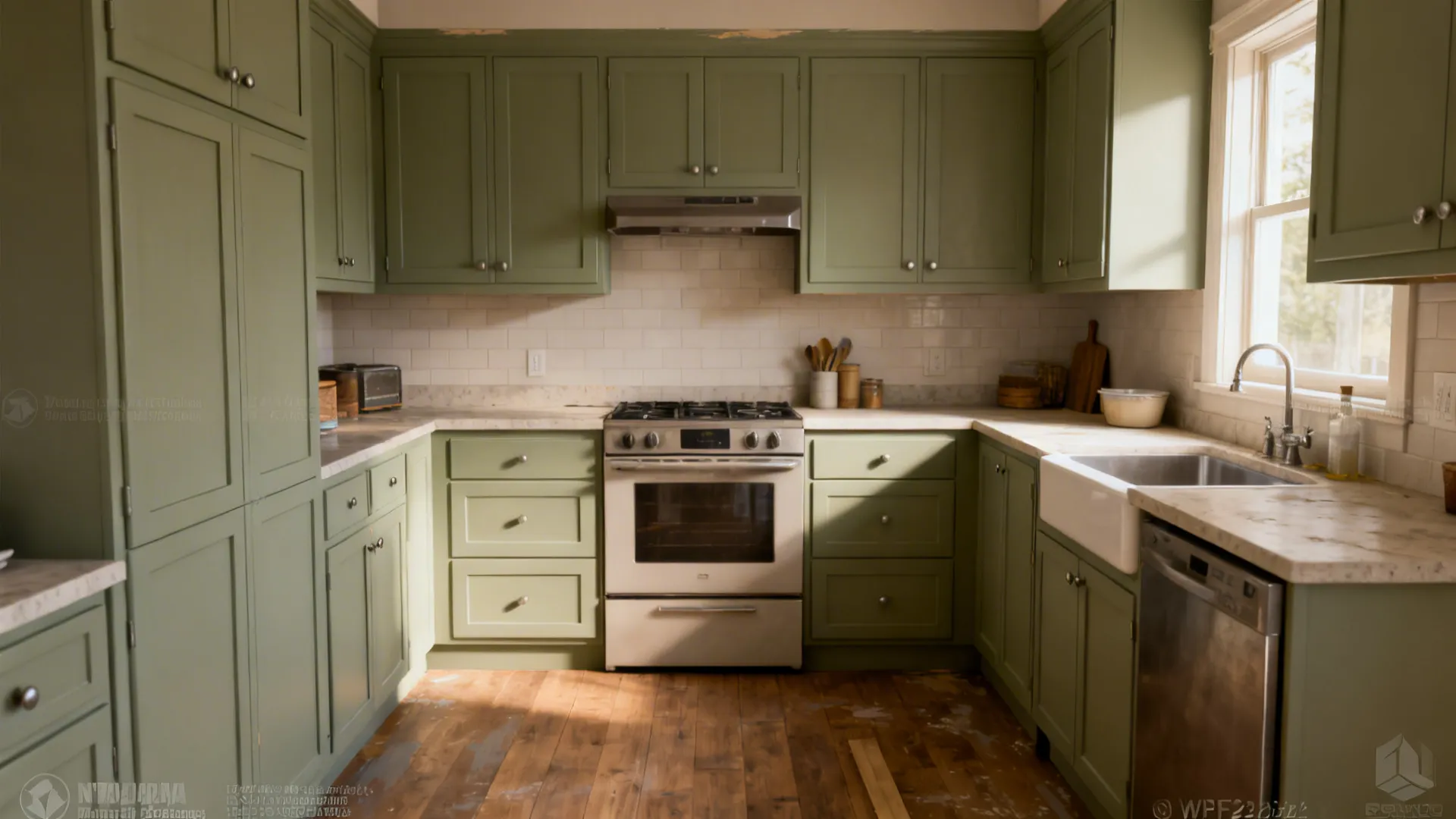 Compact kitchen showing freshly painted cabinets in sage, emphasizing a budget-friendly refresh without demolition