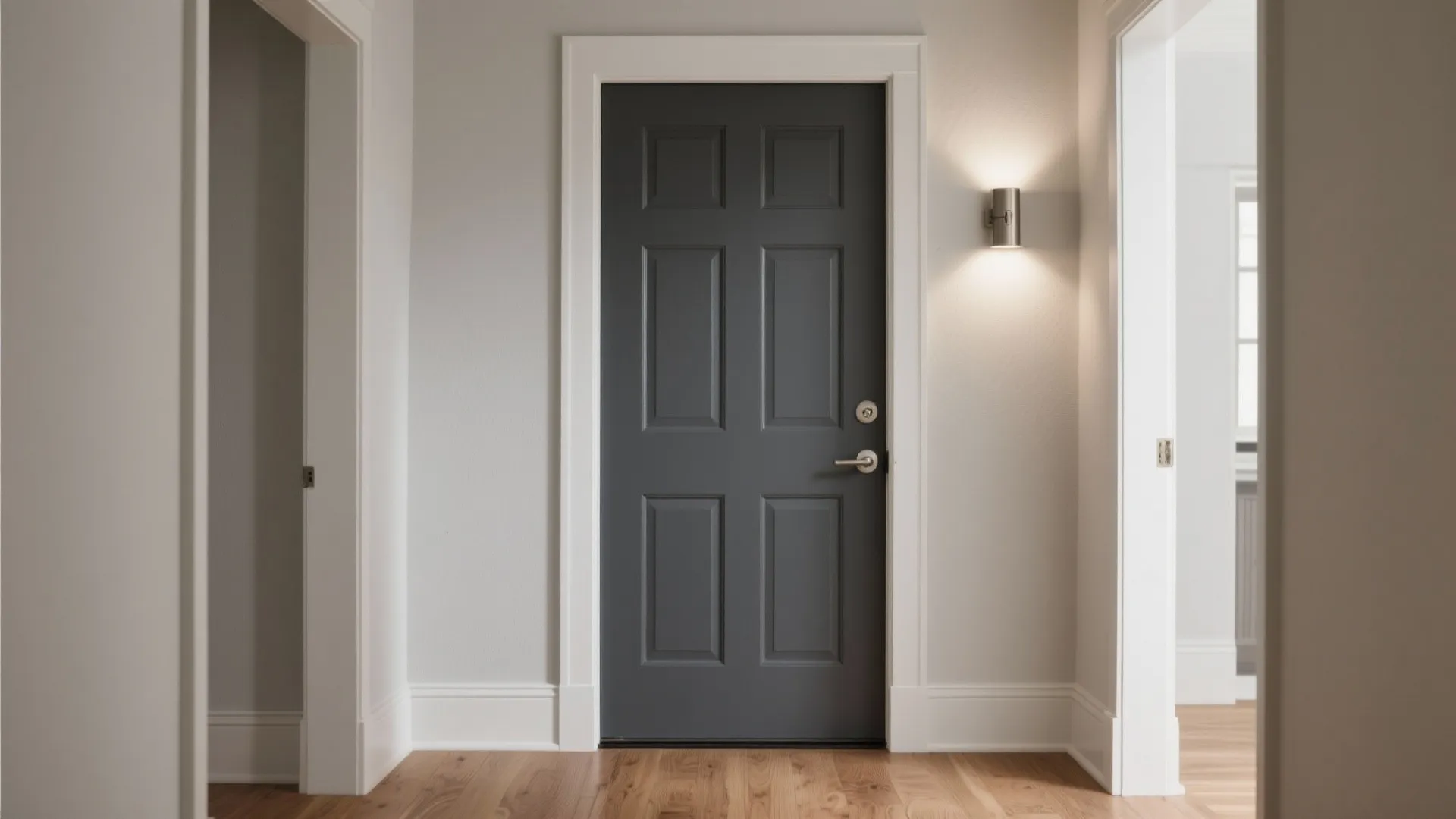 Dark grey entry door with white trim and wall light in hallway with wood floor