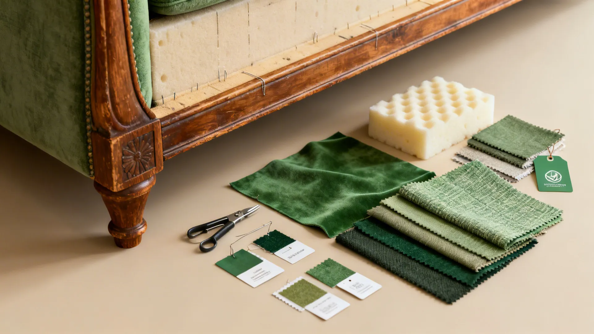 Flatlay of sofa frame details, foam samples, and upholstery swatches for refurbishing a used sofa.