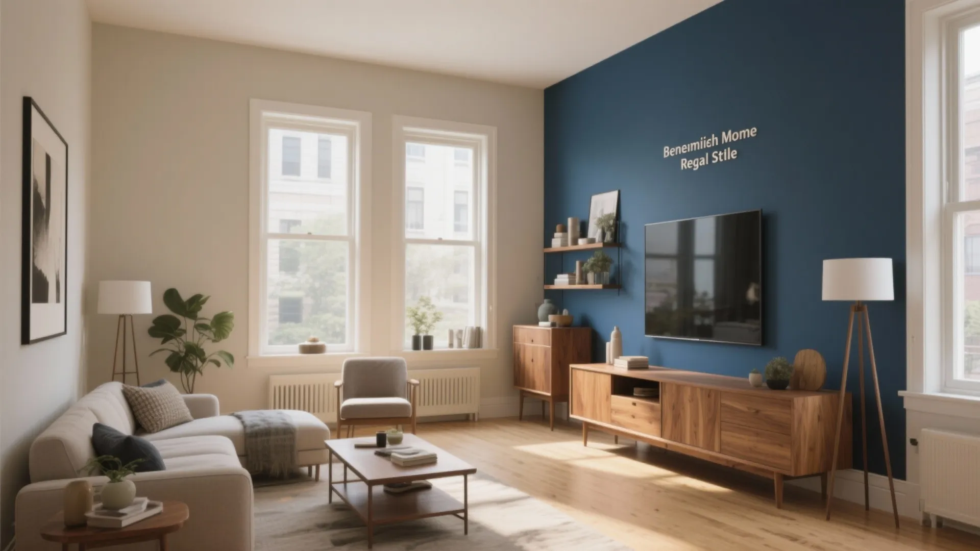 Living room with blue feature wall wooden cabinet sofa coffee table and two large bright windows