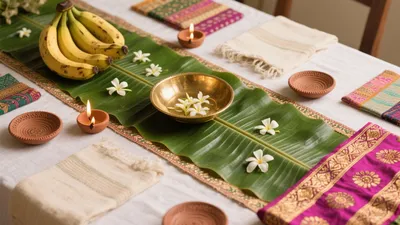 Traditional Indian Dining Table Setting with Banana Leaves