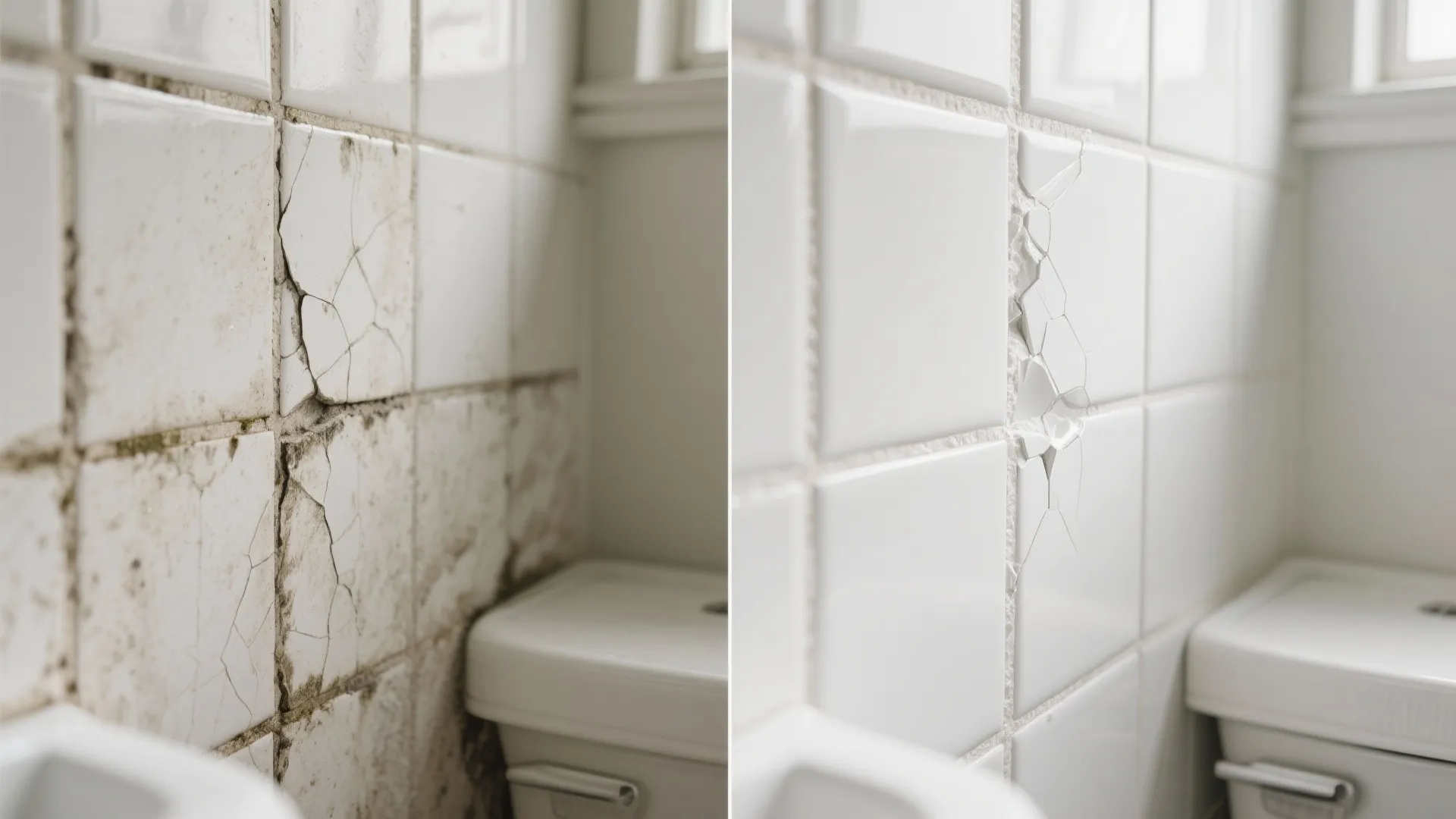 Before and after comparison showing dirty cracked bathroom wall tiles next to clean white repaired tiles