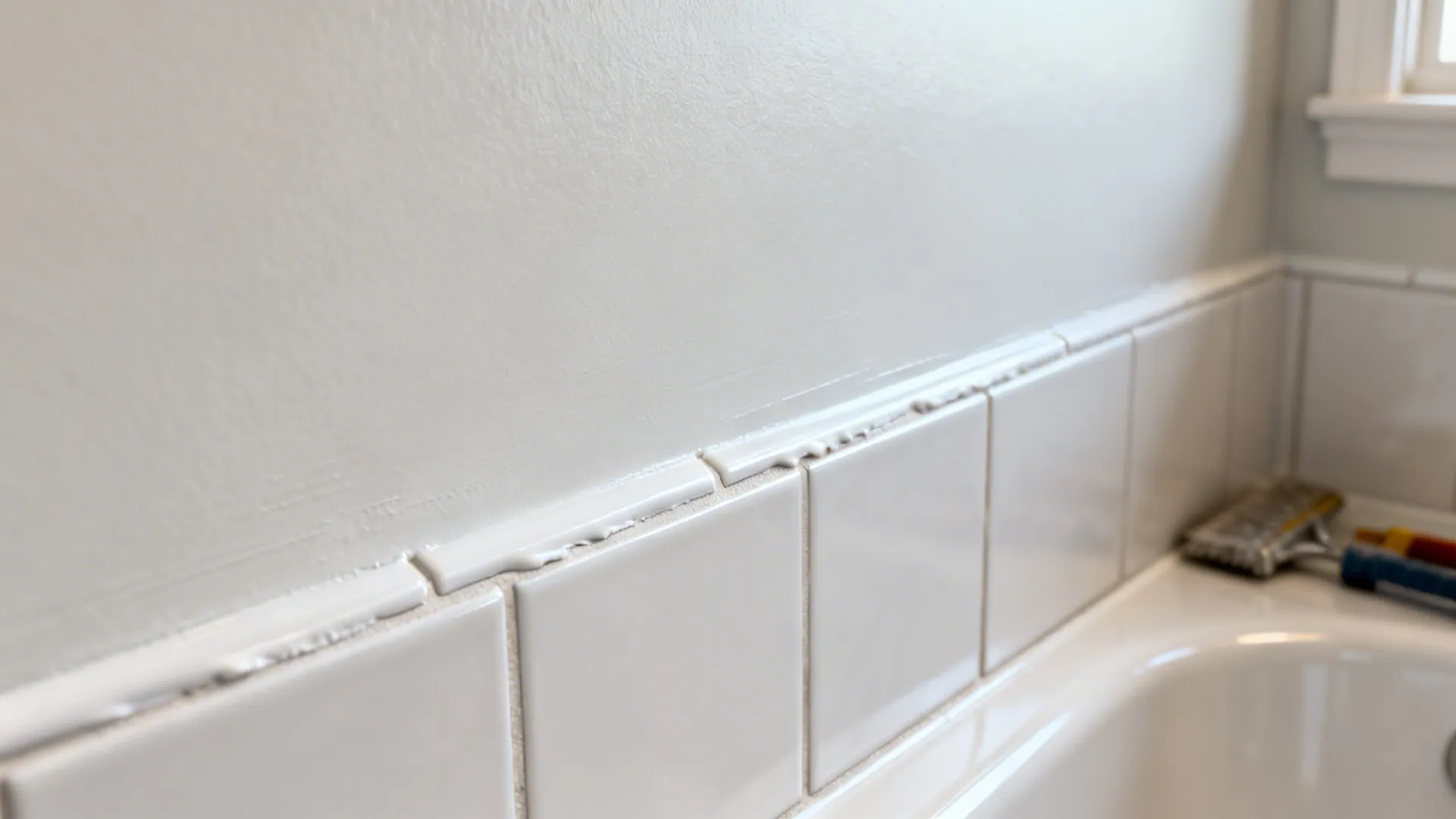 Close-up of fresh grout and moisture-resistant painted wall with neat caulking in a small bathroom.