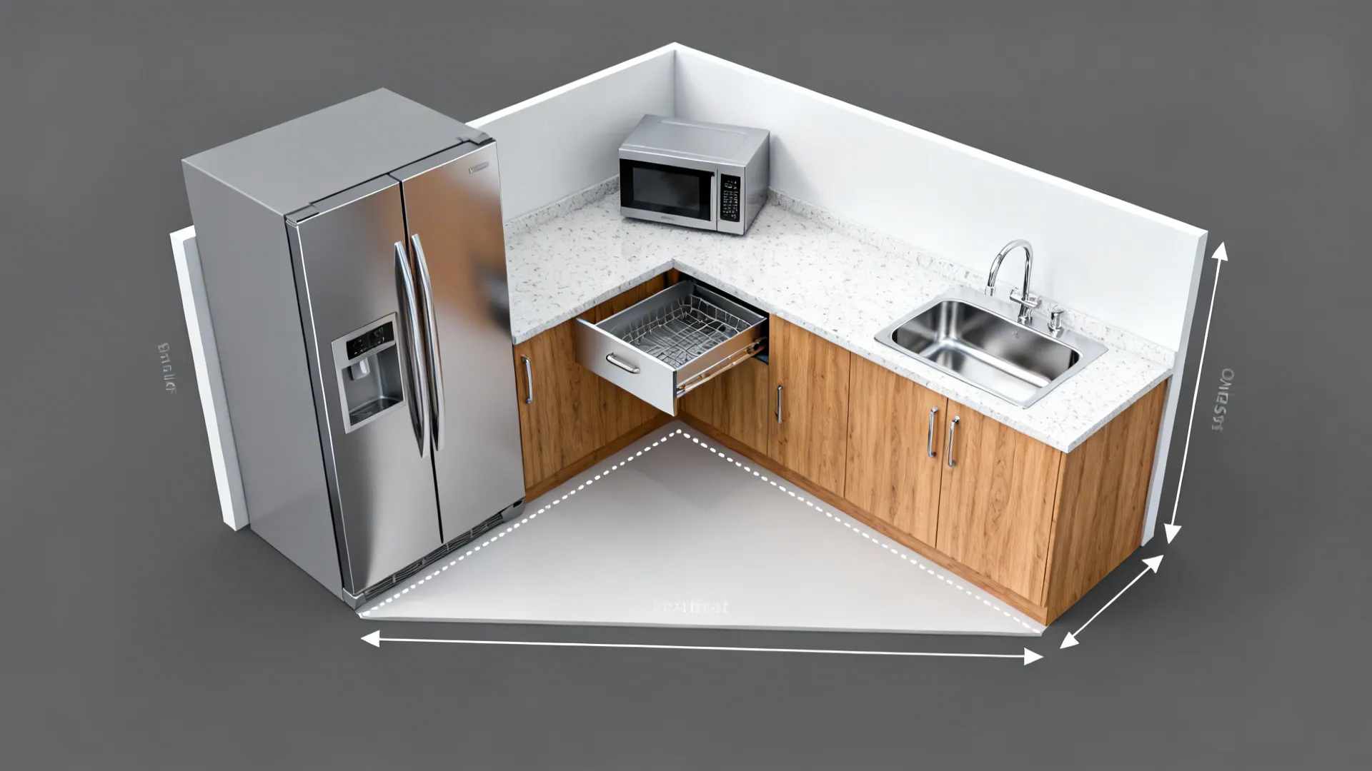 Top-down view showing fridge, sink, and peninsula microwave drawer workflow