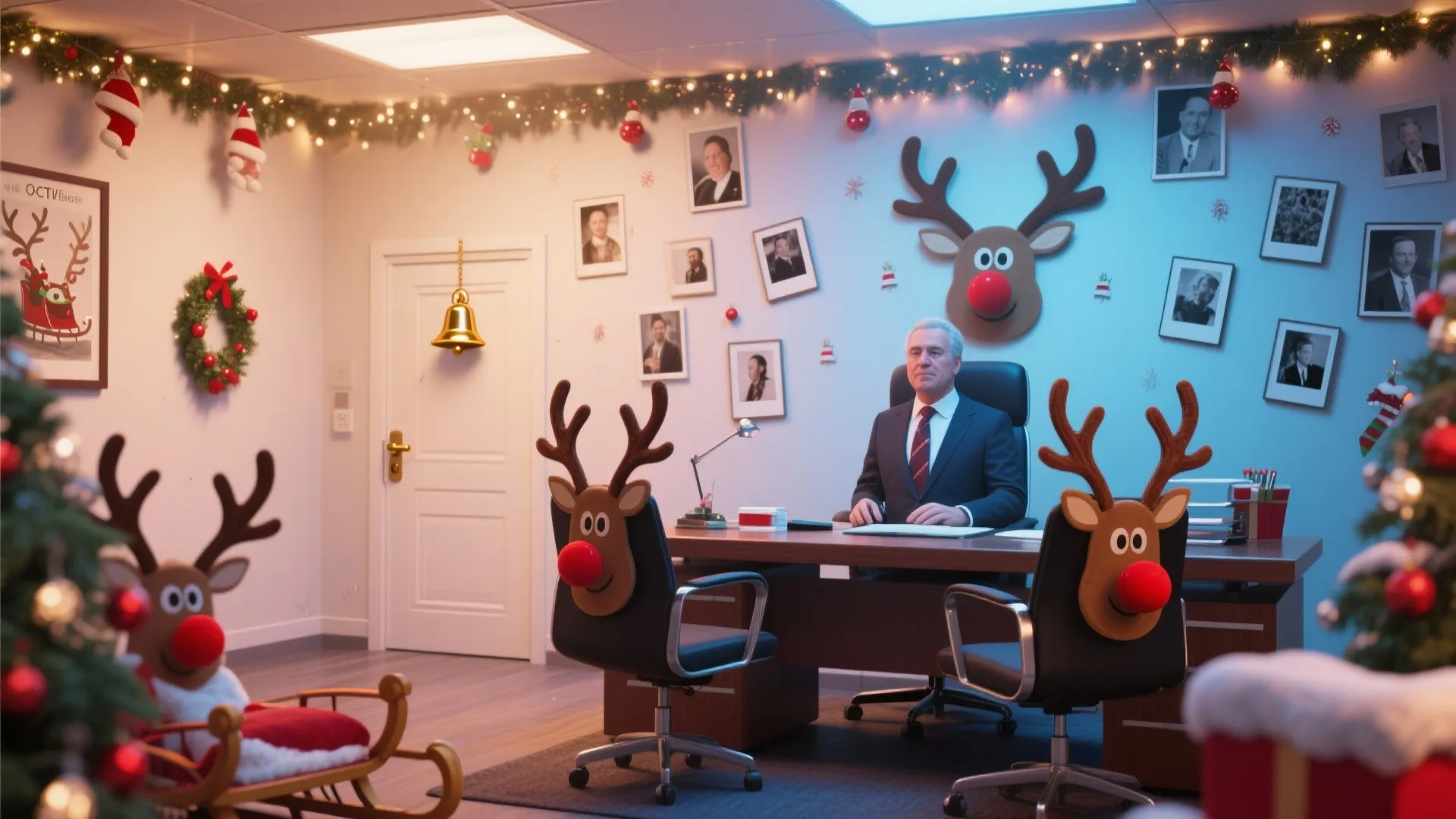 Man sitting at a desk in an office decorated with reindeer heads and Christmas lights